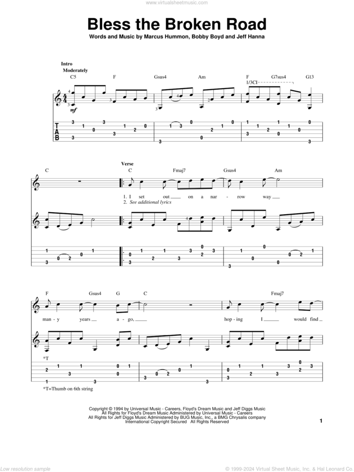 Bless The Broken Road sheet music for guitar solo by Rascal Flatts, wedding score, intermediate skill level