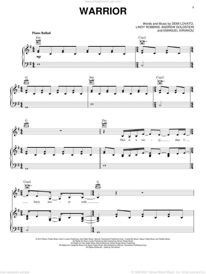 Warrior sheet music for voice, piano or guitar by Demi Lovato, intermediate skill level