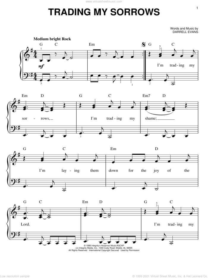 Trading My Sorrows sheet music for piano solo by Darrell Evans, easy skill level