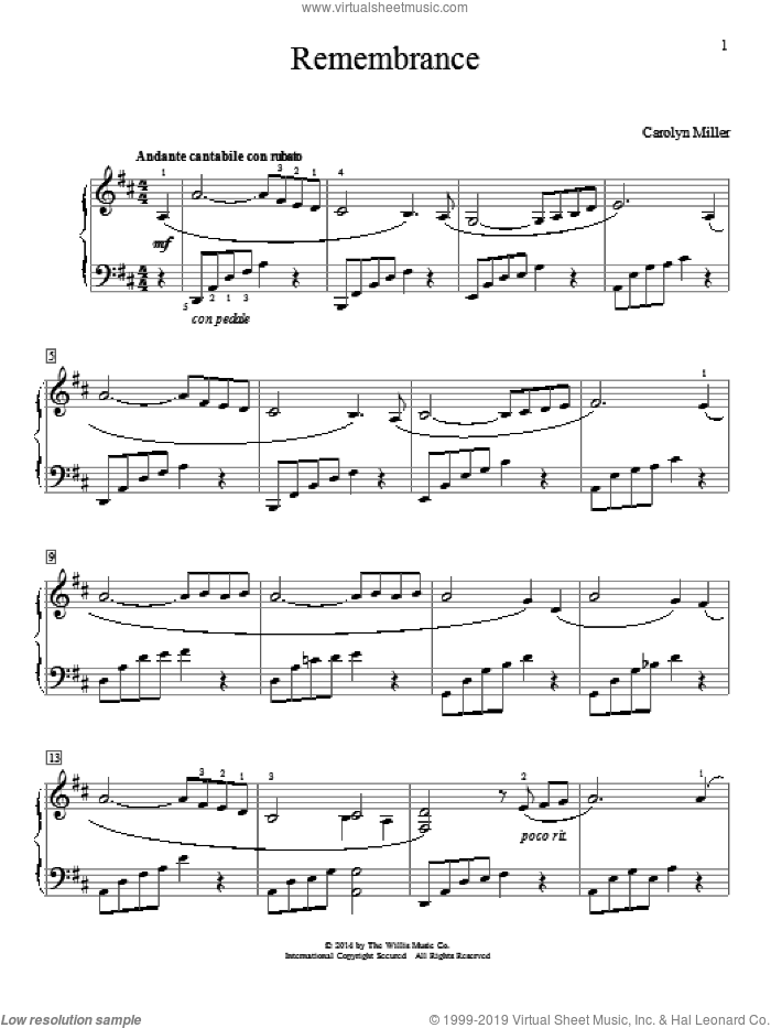 Remembrance sheet music for piano solo (elementary) by Carolyn Miller, classical score, beginner piano (elementary)
