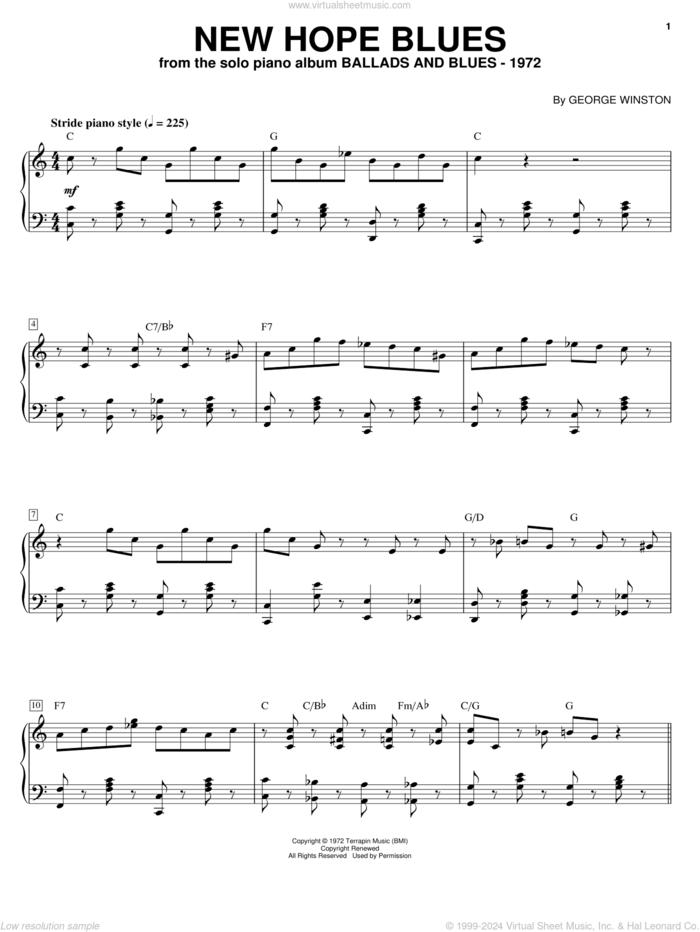 New Hope Blues sheet music for piano solo by George Winston, intermediate skill level