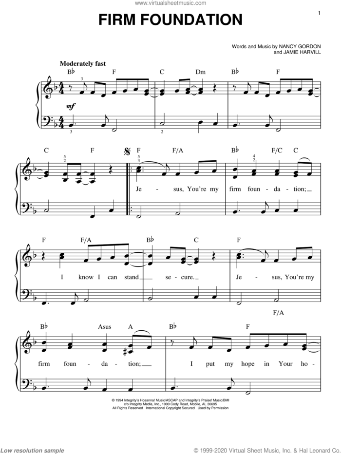 Firm Foundation sheet music for piano solo by Nancy Gordon and Jamie Harvill, easy skill level