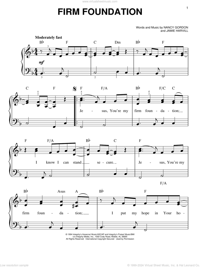 Firm Foundation sheet music for piano solo by Nancy Gordon and Jamie Harvill, easy skill level