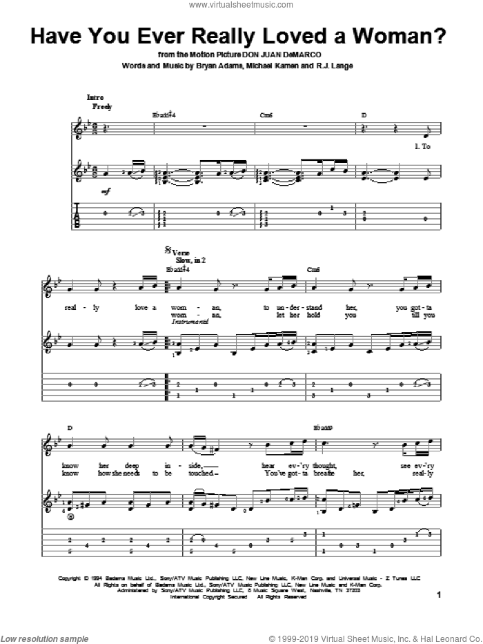 Have You Ever Really Loved A Woman? sheet music for guitar solo by Bryan Adams, intermediate skill level
