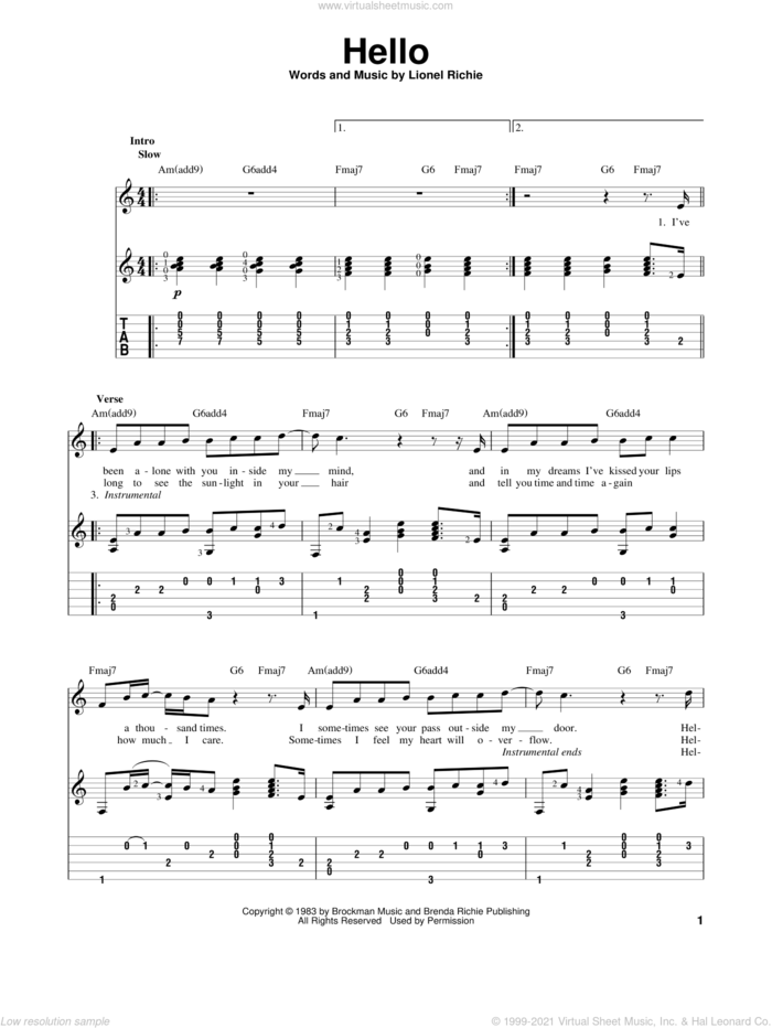 Hello sheet music for guitar solo by Lionel Richie, intermediate skill level