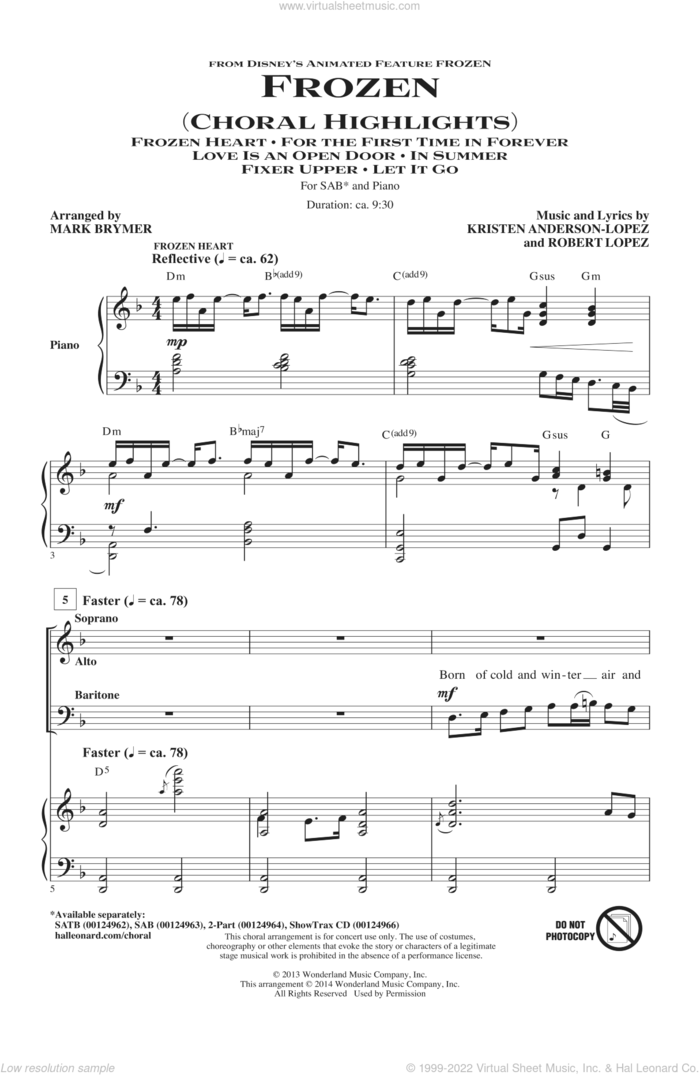 Frozen (Choral Highlights) sheet music for choir (SAB: soprano, alto, bass) by Mark Brymer, Kristen Anderson-Lopez and Robert Lopez, intermediate skill level
