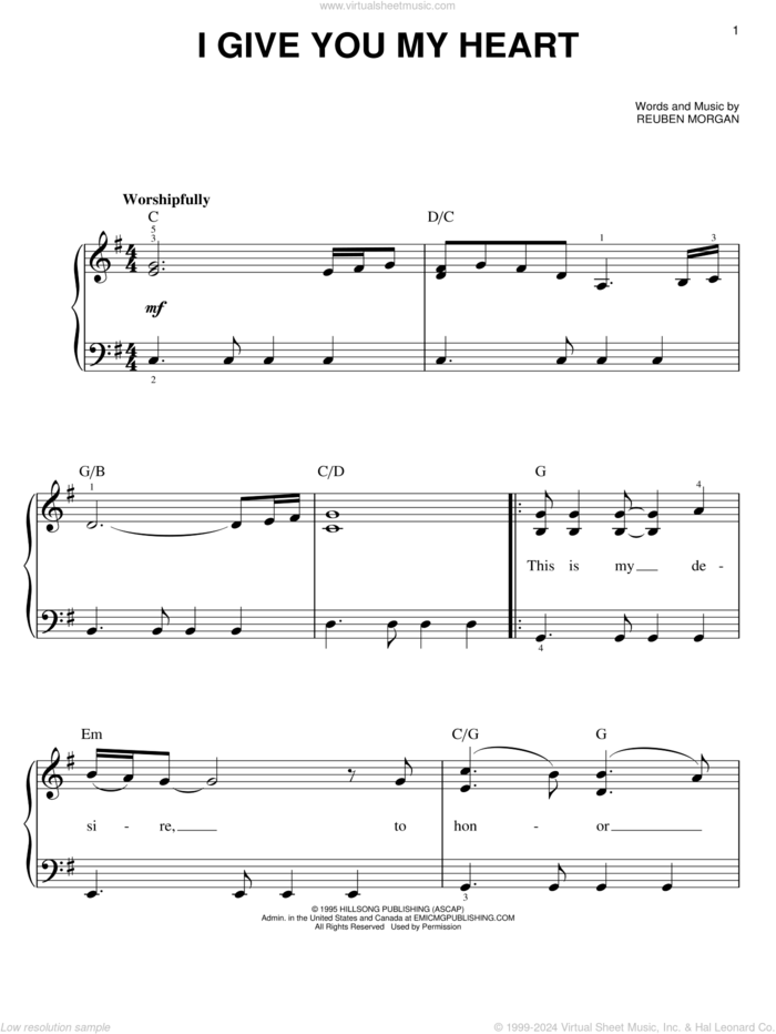 I Give You My Heart sheet music for piano solo by Hillsong Worship, Jeff Deyo, The Katinas and Reuben Morgan, easy skill level