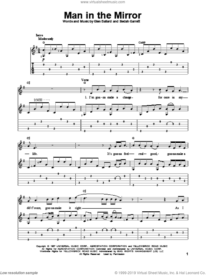 Man In The Mirror sheet music for guitar solo by Michael Jackson, intermediate skill level