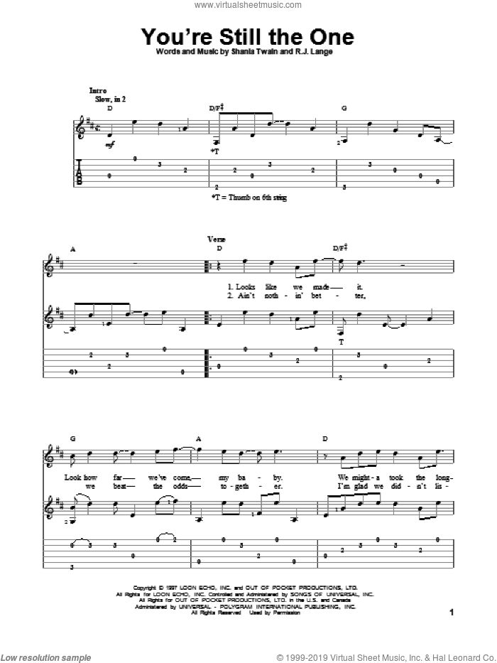 You're Still The One sheet music for guitar solo by Shania Twain, intermediate skill level