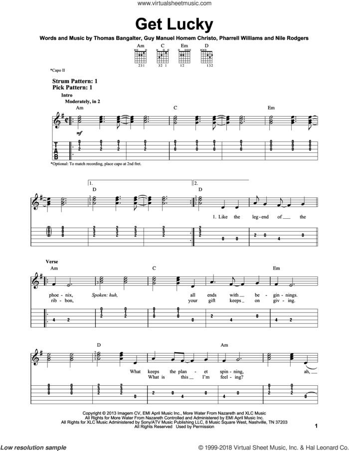 Get Lucky sheet music for guitar solo (easy tablature) by Daft Punk Featuring Pharrell Williams and Pharrell Williams, easy guitar (easy tablature)