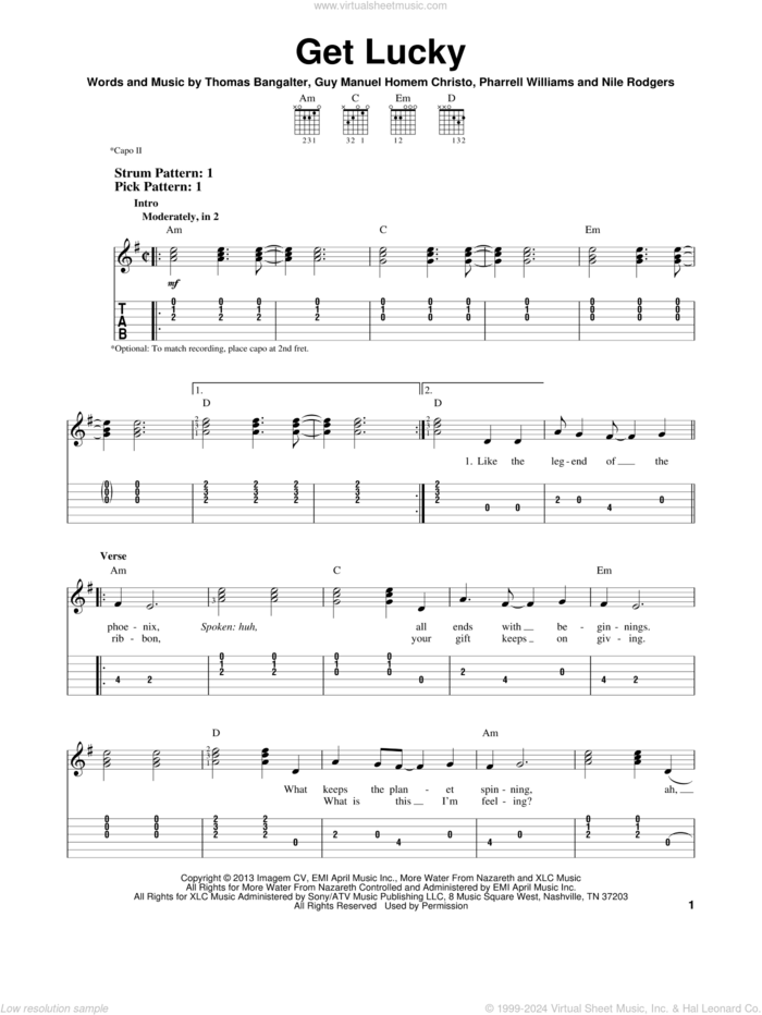 Get Lucky sheet music for guitar solo (easy tablature) by Daft Punk Featuring Pharrell Williams and Pharrell Williams, easy guitar (easy tablature)