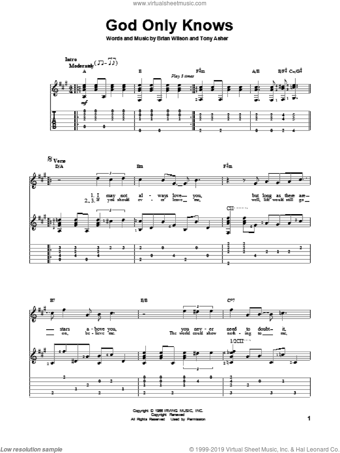 God Only Knows sheet music for guitar solo by The Beach Boys, intermediate skill level