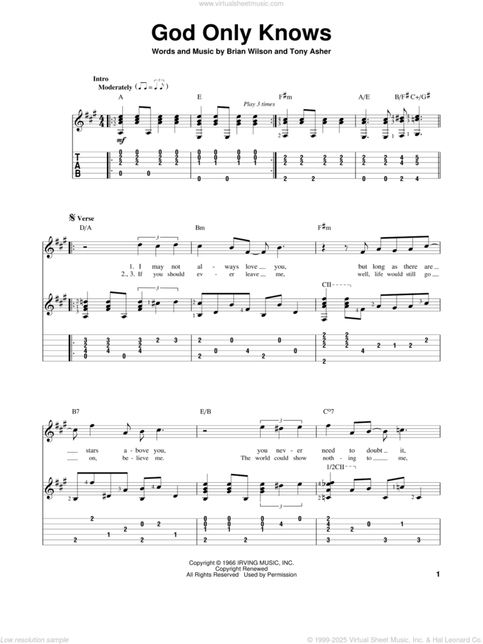 God Only Knows sheet music for guitar solo by The Beach Boys, intermediate skill level