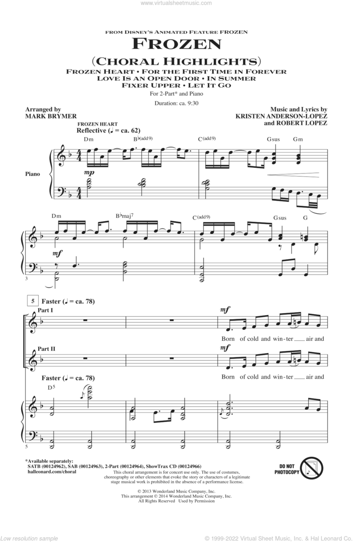 Frozen (Choral Highlights) sheet music for choir (2-Part) by Mark Brymer, Kristen Anderson-Lopez and Robert Lopez, intermediate duet