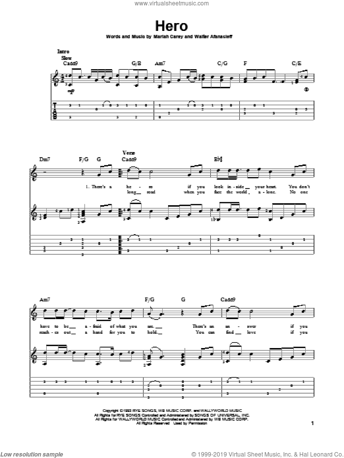 Hero sheet music for guitar solo by Mariah Carey, wedding score, intermediate skill level