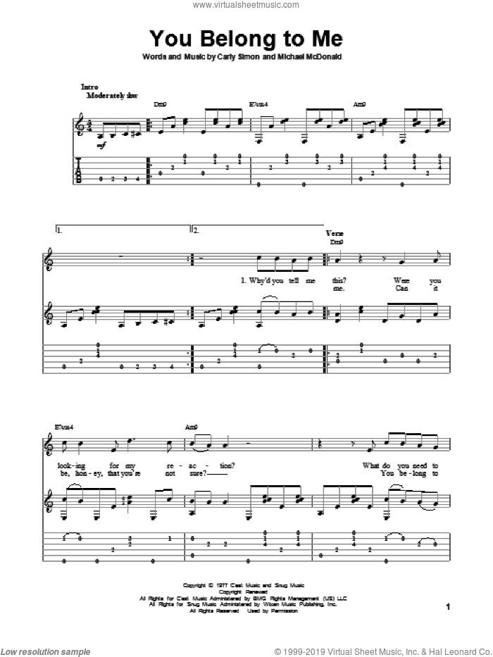 You Belong To Me sheet music for guitar solo by Carly Simon, Michael McDonald and The Doobie Brothers, intermediate skill level