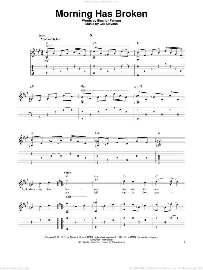 Morning Has Broken, (intermediate) sheet music for guitar solo by Cat Stevens, intermediate skill level