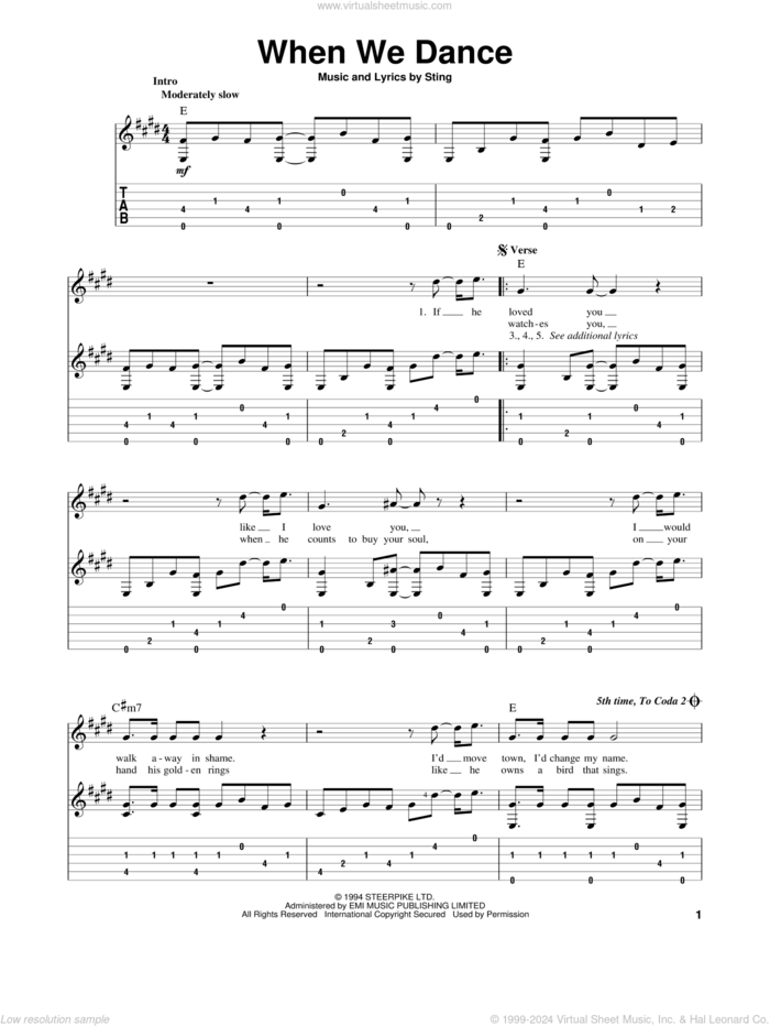 When We Dance sheet music for guitar solo by Sting, intermediate skill level