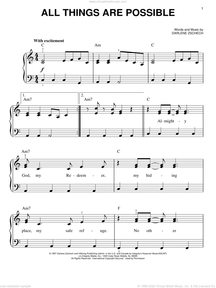 All Things Are Possible sheet music for piano solo by Darlene Zschech, easy skill level