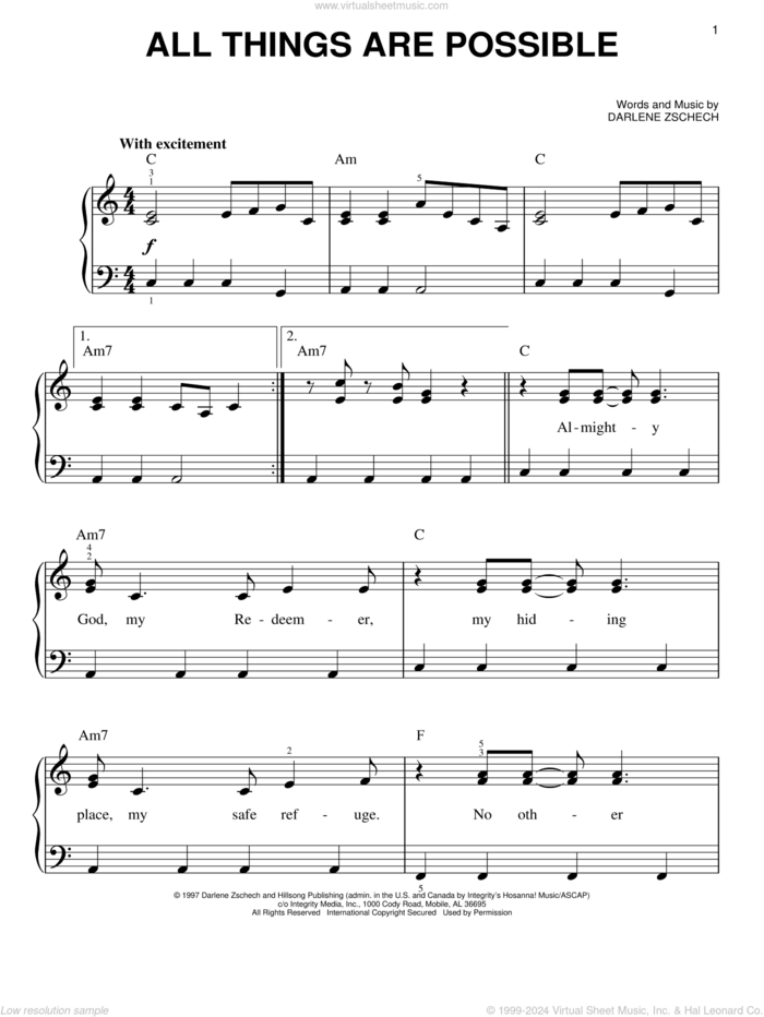 All Things Are Possible sheet music for piano solo by Hillsong Worship and Darlene Zschech, easy skill level