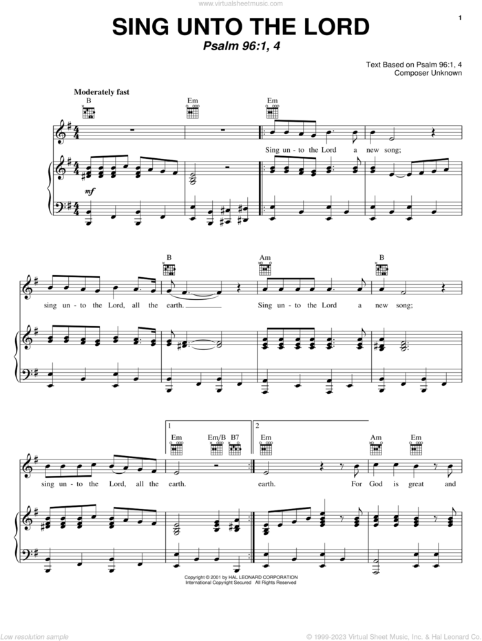 Sing Unto The Lord sheet music for voice, piano or guitar by 4 Psalm 96:1, Anonymous and Psalm 96:1,4, intermediate skill level