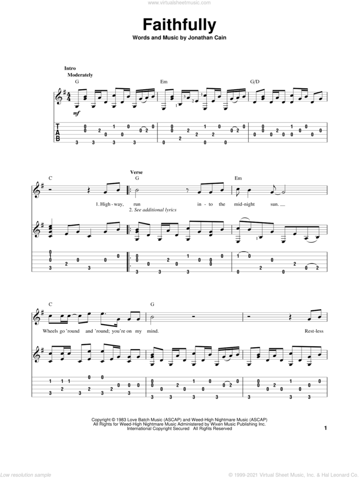 Faithfully sheet music for guitar solo by Journey, intermediate skill level