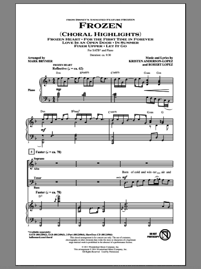 Frozen (Choral Highlights) sheet music for choir (SATB: soprano, alto, tenor, bass) by Mark Brymer, Kristen Anderson-Lopez and Robert Lopez, intermediate skill level