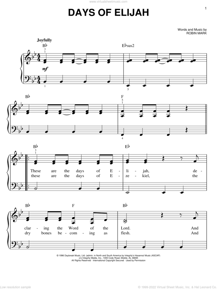 Days Of Elijah, (easy) sheet music for piano solo by Robin Mark, easy skill level