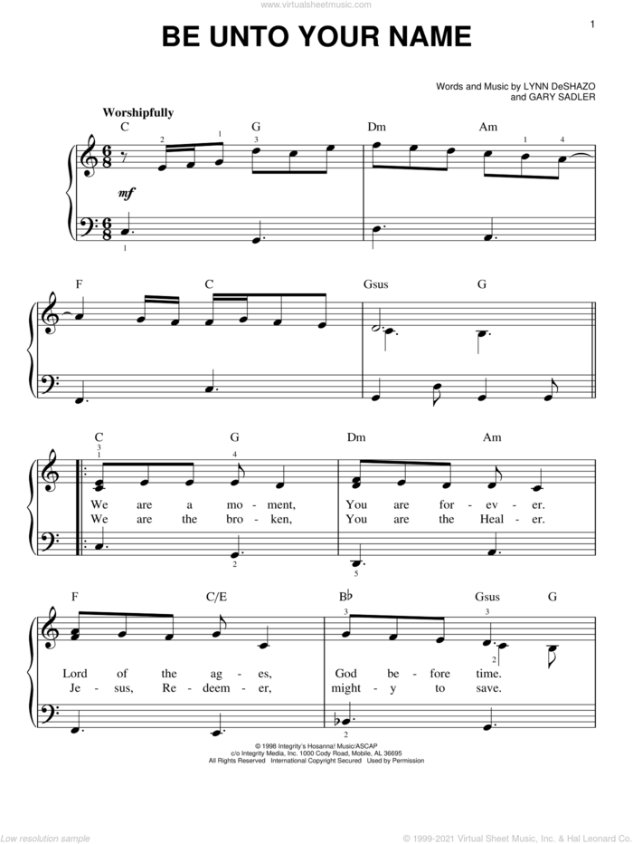 Be Unto Your Name, (easy) sheet music for piano solo by Robin Mark, Gary Sadler and Lynn DeShazo, wedding score, easy skill level