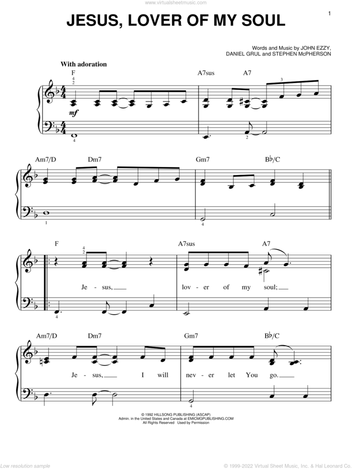 Jesus, Lover Of My Soul sheet music for piano solo by John Ezzy, Daniel Grul and Stephen McPherson, easy skill level