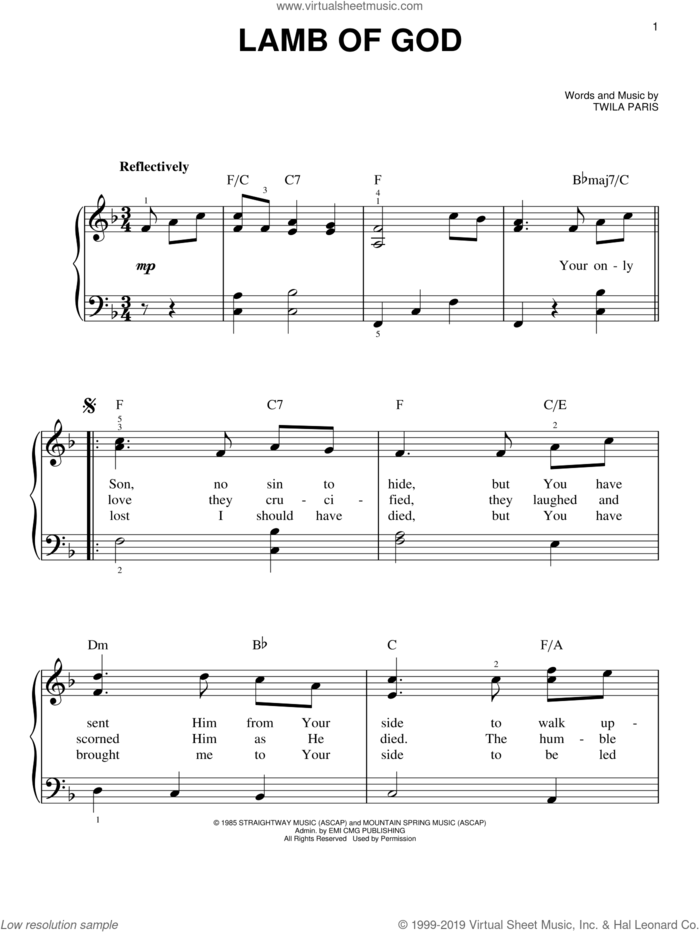 Lamb Of God, (easy) sheet music for piano solo by Twila Paris, easy skill level