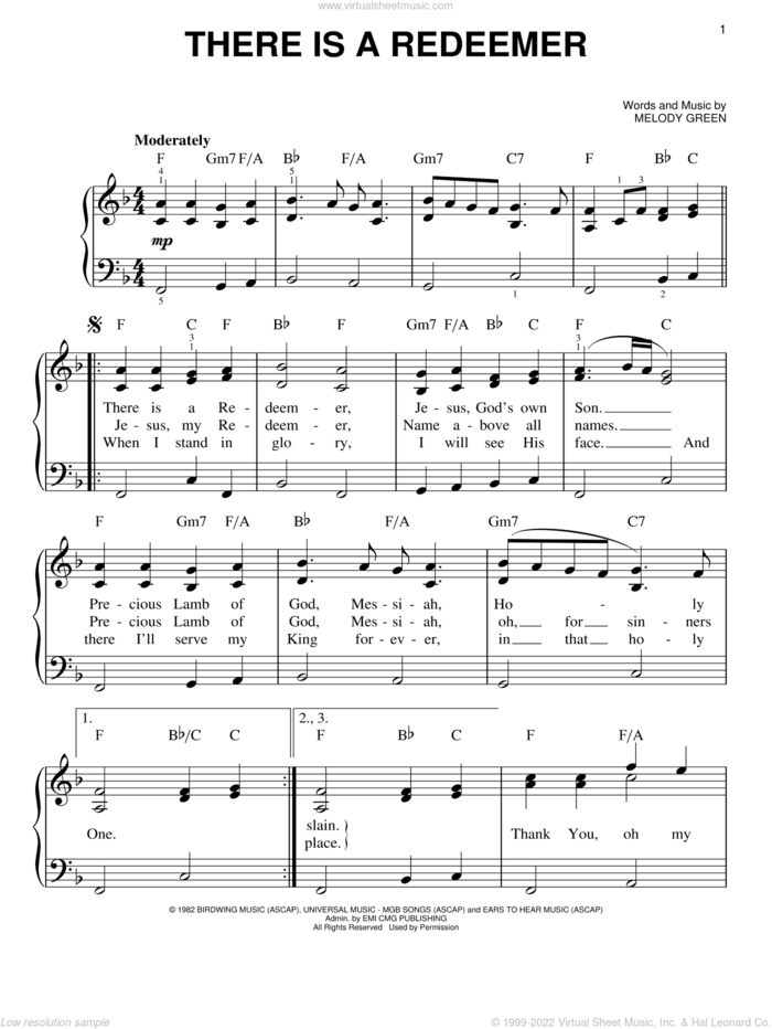 There Is A Redeemer, (easy) sheet music for piano solo by Keith Green and Melody Green, easy skill level