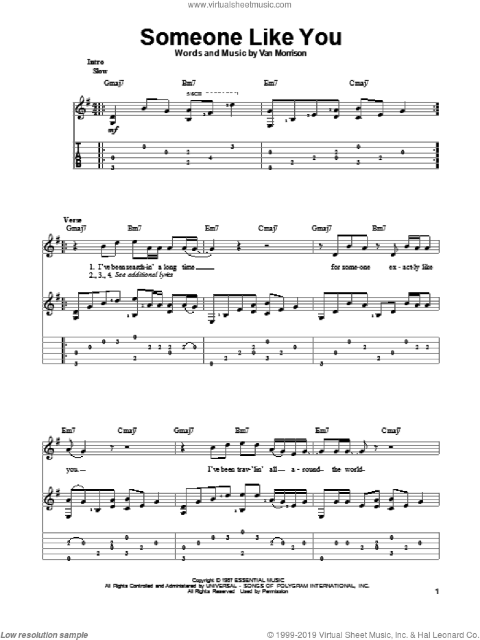 Someone Like You sheet music for guitar solo by Van Morrison, intermediate skill level