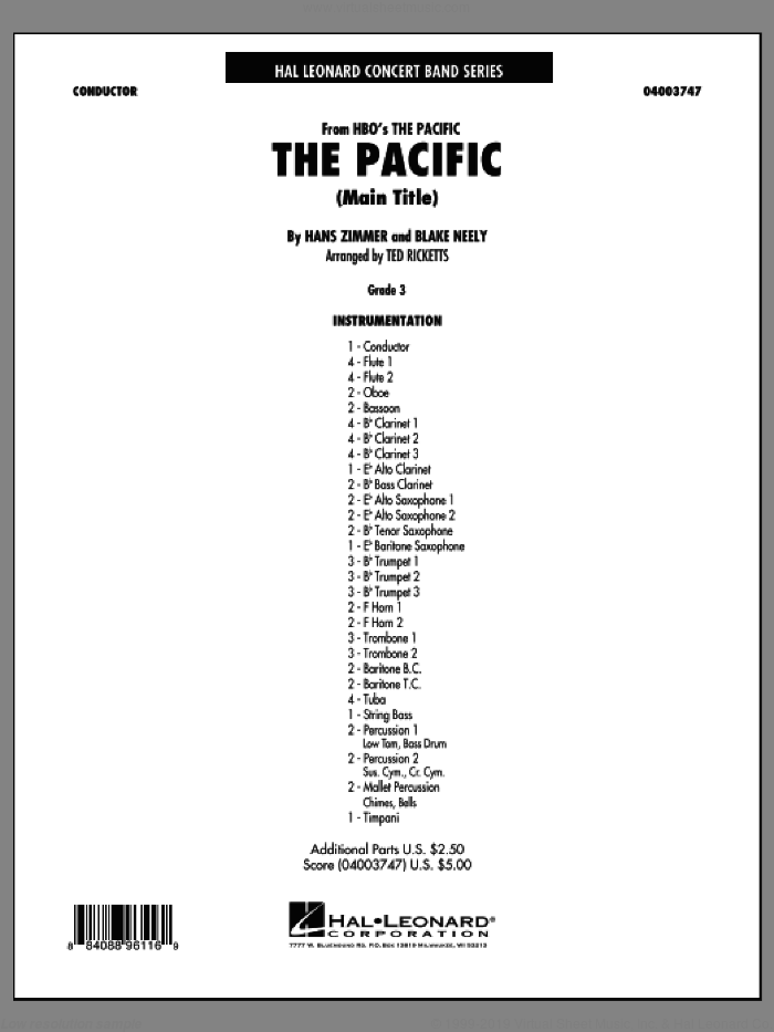 The Pacific (Main Title) (COMPLETE) sheet music for concert band by Hans Zimmer, Blake Neely and Ted Ricketts, intermediate skill level