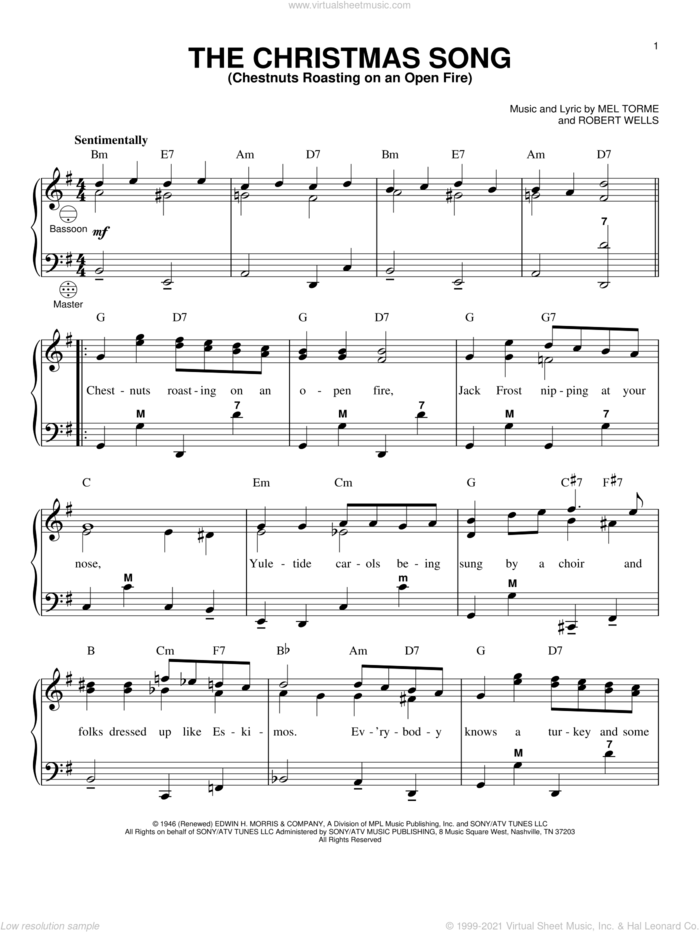 The Christmas Song sheet music for accordion by Mel Torme, Gary Meisner and Robert Wells, intermediate skill level