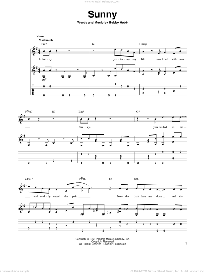 Sunny sheet music for guitar solo by Bobby Hebb, intermediate skill level