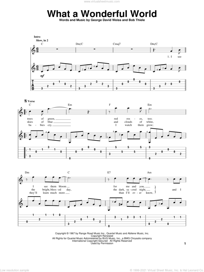 What A Wonderful World, (intermediate) sheet music for guitar solo by Louis Armstrong, intermediate skill level