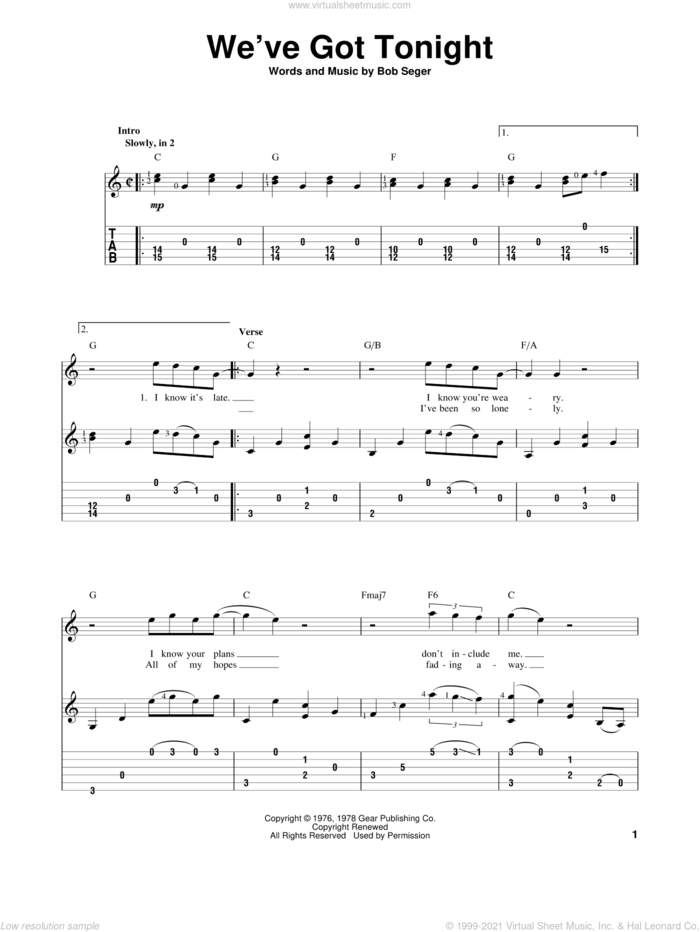 We've Got Tonight sheet music for guitar solo by Bob Seger and Kenny Rogers & Sheena Easton, intermediate skill level