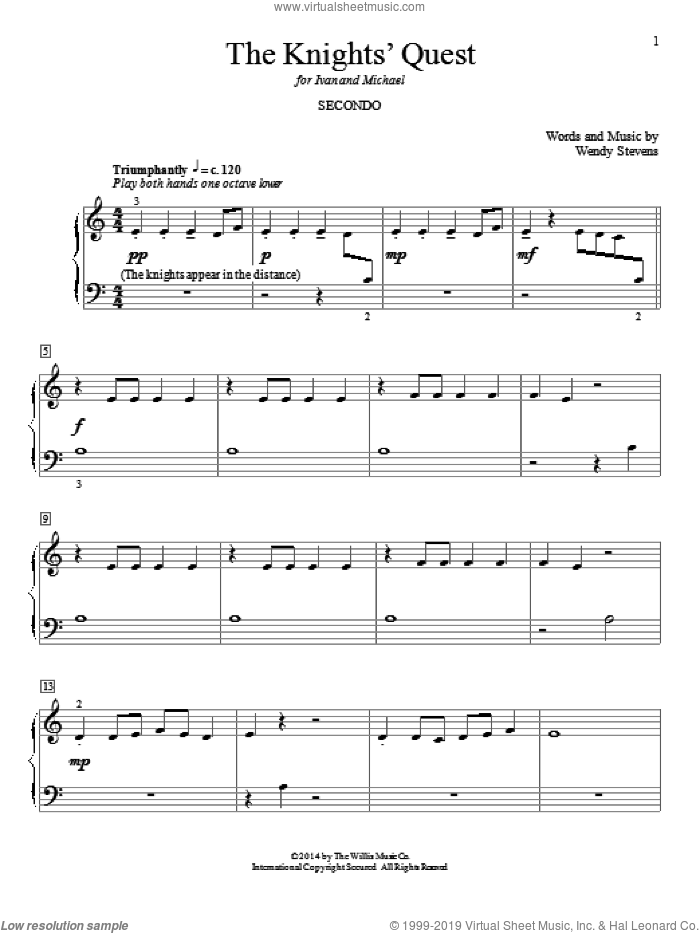 The Knights' Quest sheet music for piano four hands by Wendy Stevens, classical score, intermediate skill level