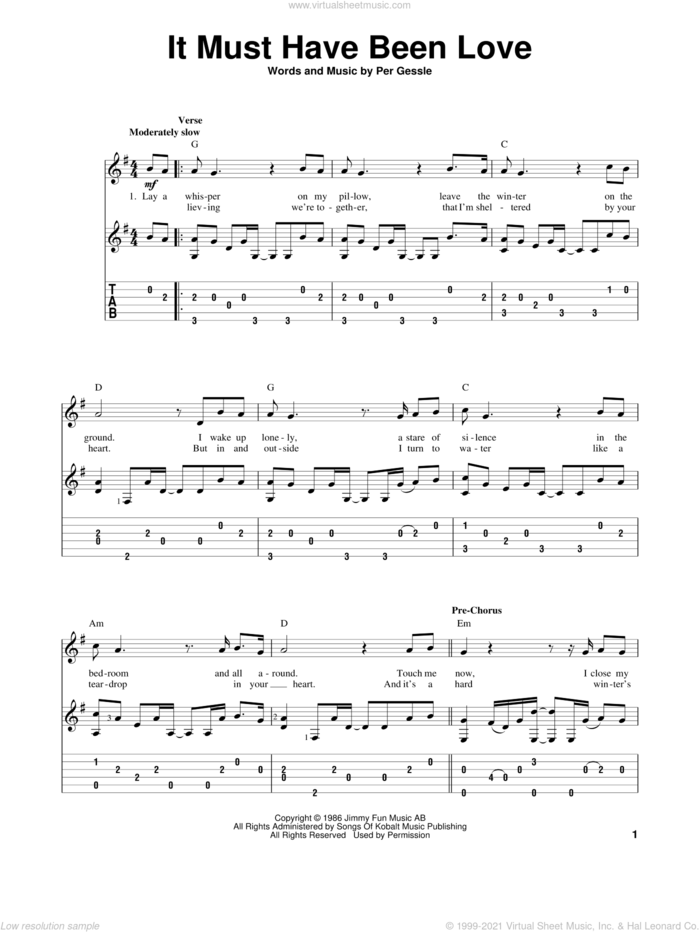 It Must Have Been Love sheet music for guitar solo by Roxette, intermediate skill level