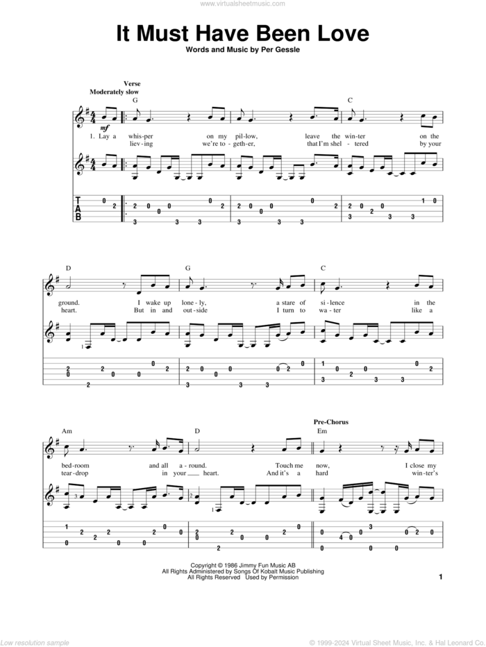 It Must Have Been Love sheet music for guitar solo by Roxette, intermediate skill level