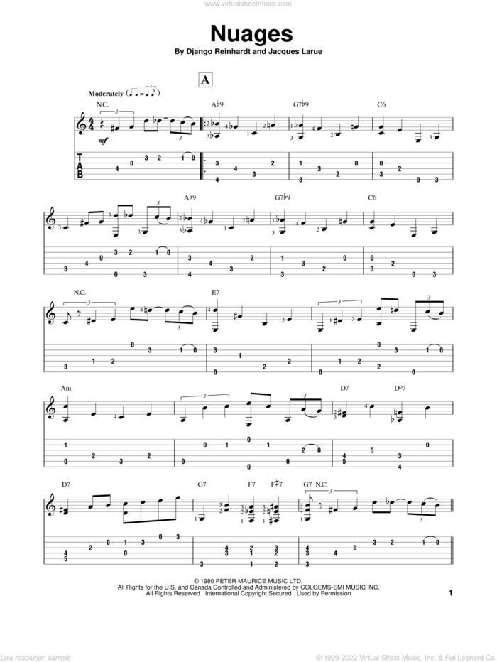Nuages sheet music for guitar solo by Django Reinhardt, intermediate skill level