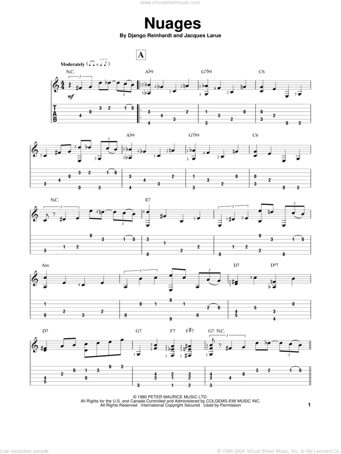 Nuages sheet music for guitar solo by Django Reinhardt, intermediate skill level