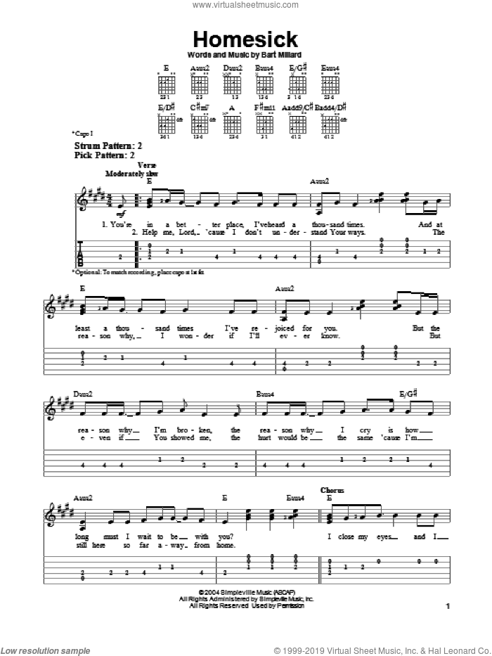 Homesick sheet music for guitar solo (easy tablature) by MercyMe and Bart Millard, easy guitar (easy tablature)