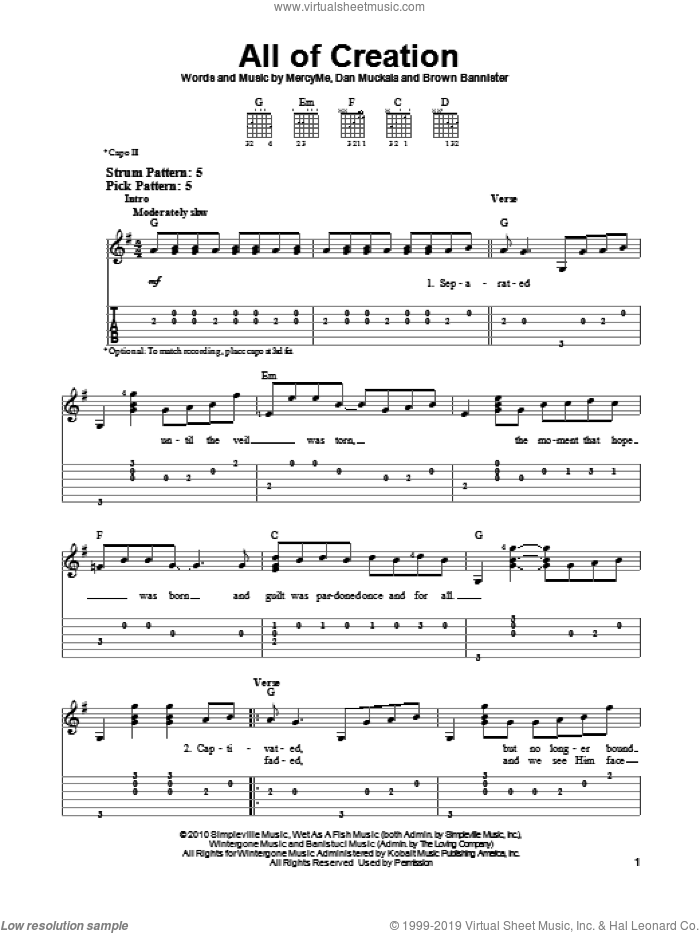 All Of Creation sheet music for guitar solo (easy tablature) by MercyMe, Brown Mannister and Dan Muckala, easy guitar (easy tablature)
