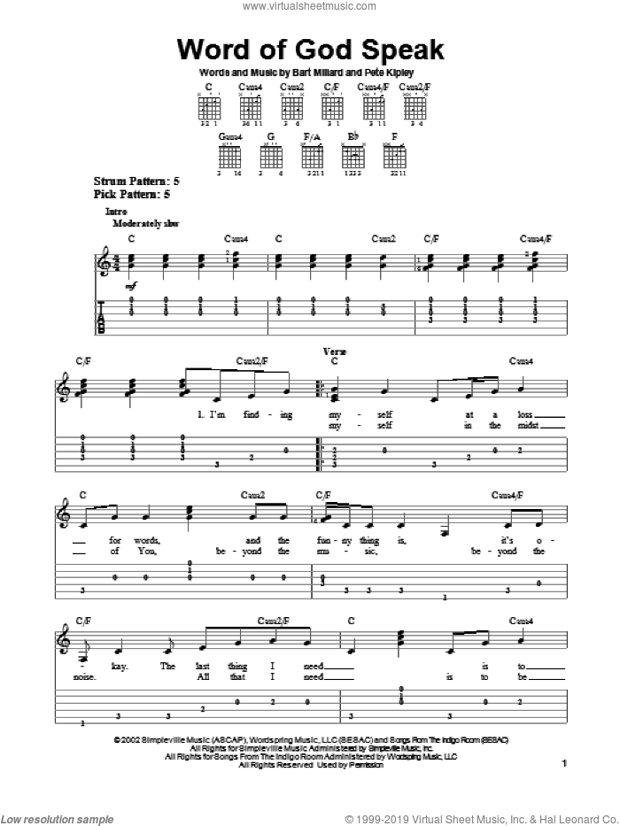 Word Of God Speak sheet music for guitar solo (easy tablature) by MercyMe, Bart Millard, Kutless and Pete Kipley, easy guitar (easy tablature)