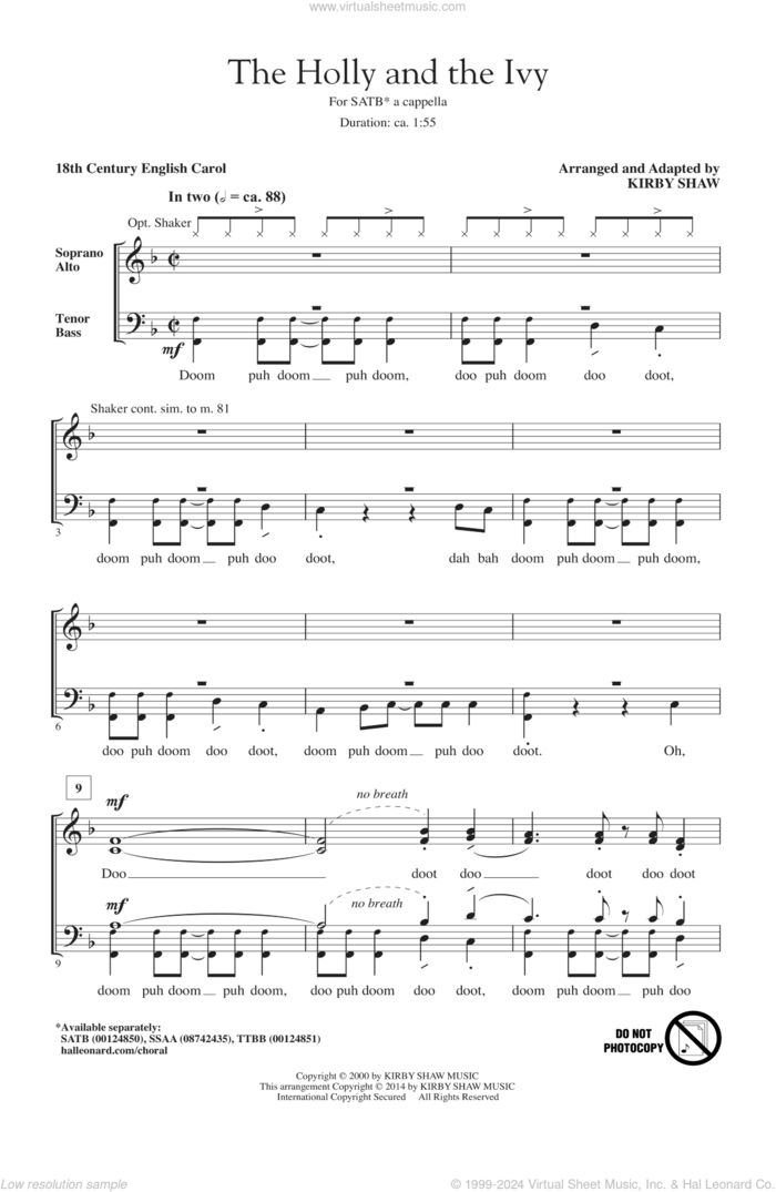 The Holly And The Ivy sheet music for choir (SATB: soprano, alto, tenor, bass) by Kirby Shaw and Miscellaneous, intermediate skill level