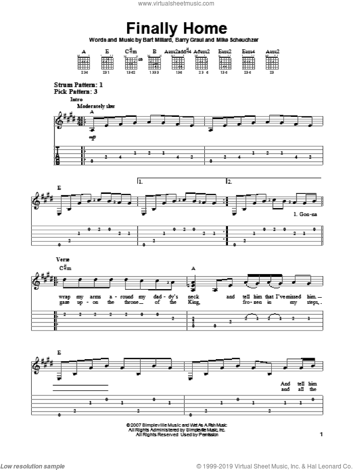 Finally Home sheet music for guitar solo (easy tablature) by MercyMe, Barry Graul, Bart Millard and Mike Scheuchzer, easy guitar (easy tablature)