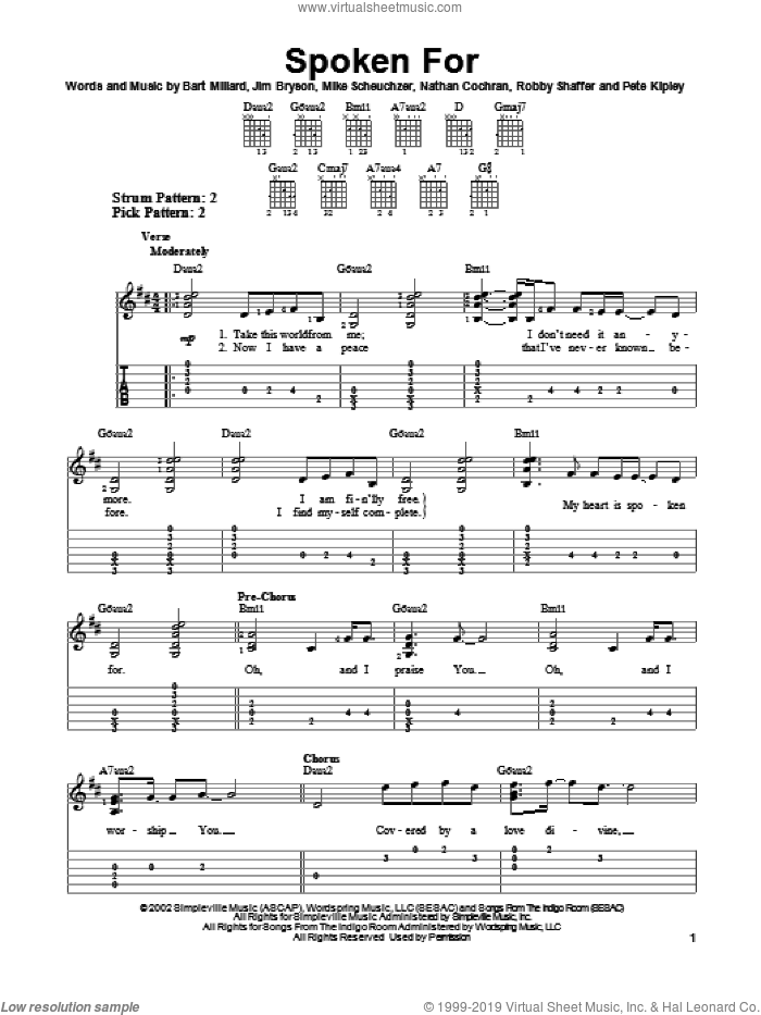 Spoken For sheet music for guitar solo (easy tablature) by MercyMe, Bart Millard, Jim Bryson, Mike Scheuchzer, Nathan Cochran, Pete Kipley and Robby Shaffer, easy guitar (easy tablature)