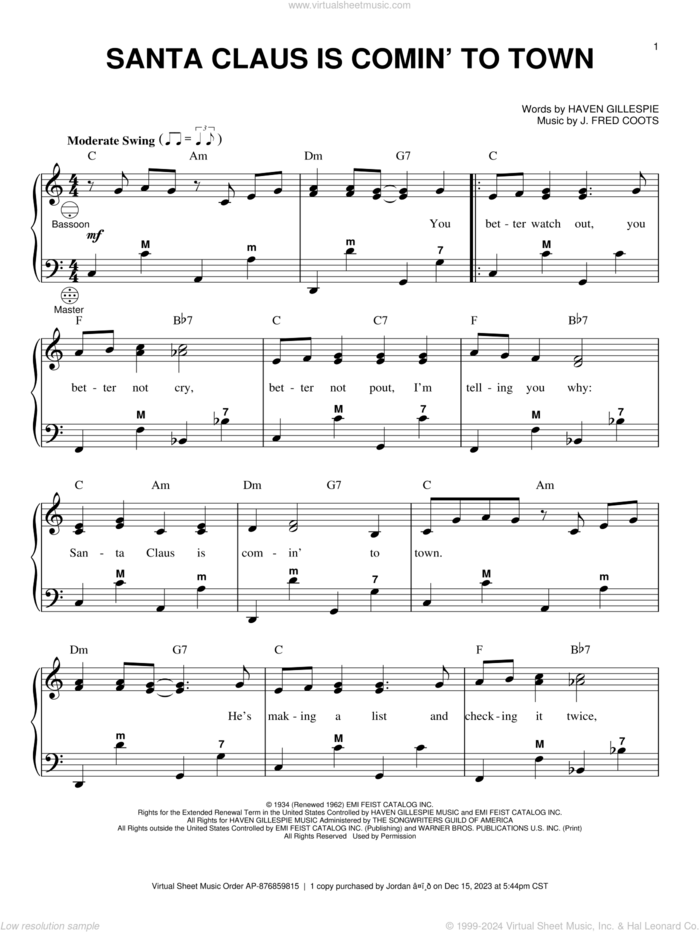 Santa Claus Is Comin' To Town sheet music for accordion by J. Fred Coots, Gary Meisner and Haven Gillespie, intermediate skill level